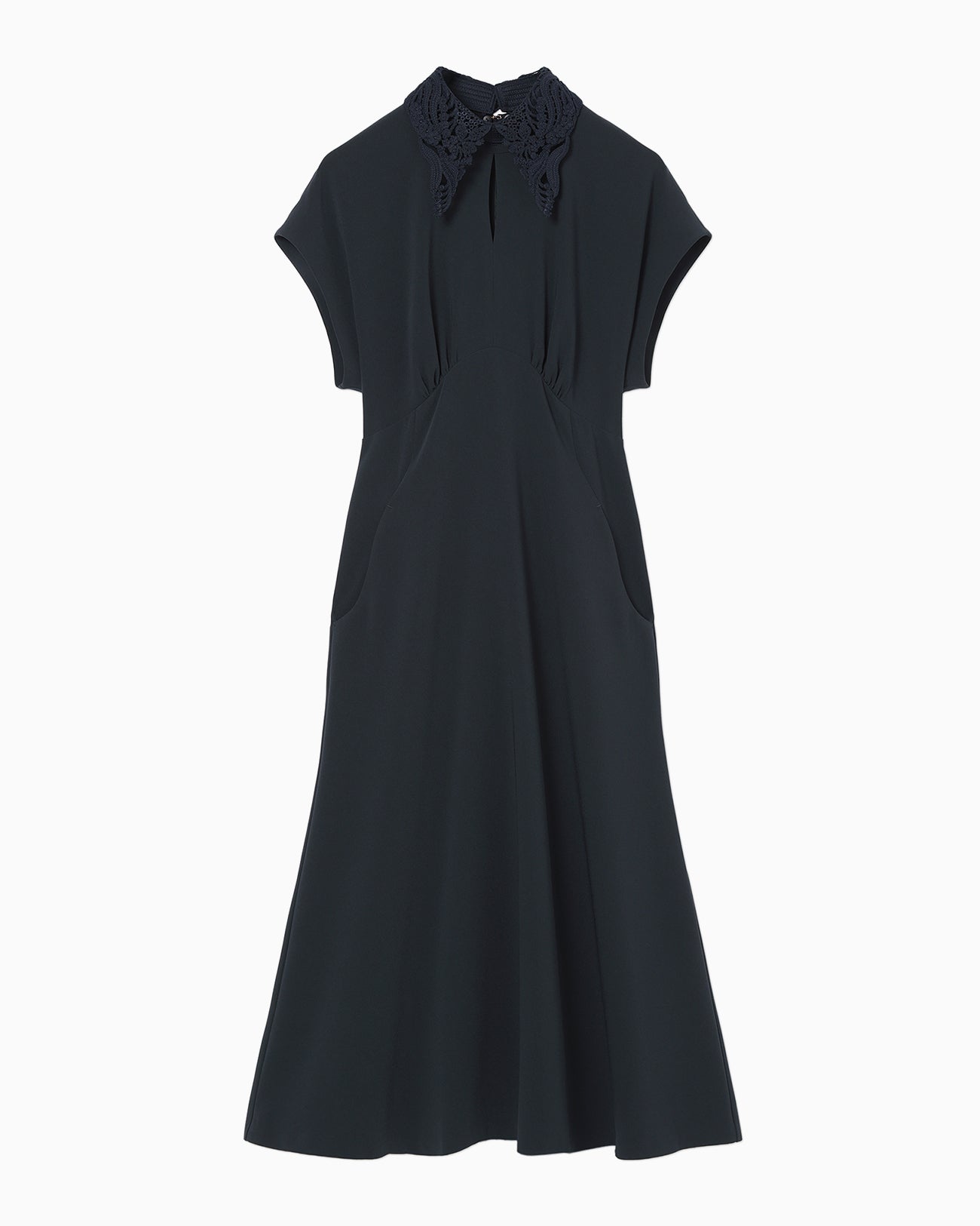 Triacetate Georgette Embroidered Collar Flared Dress - navy