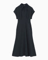 Triacetate Georgette Embroidered Collar Flared Dress - navy