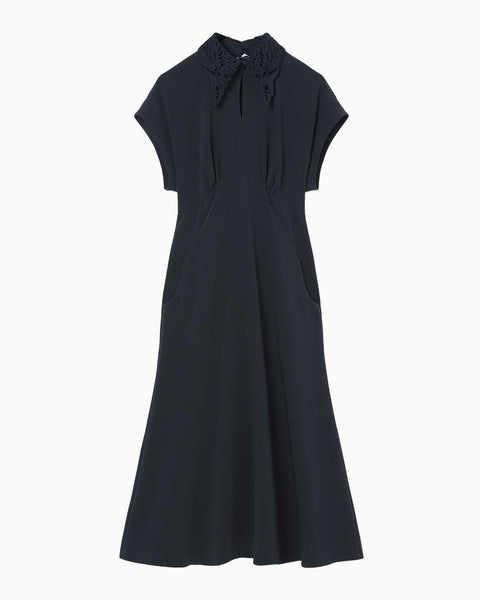 Triacetate Georgette Embroidered Collar Flared Dress - navy