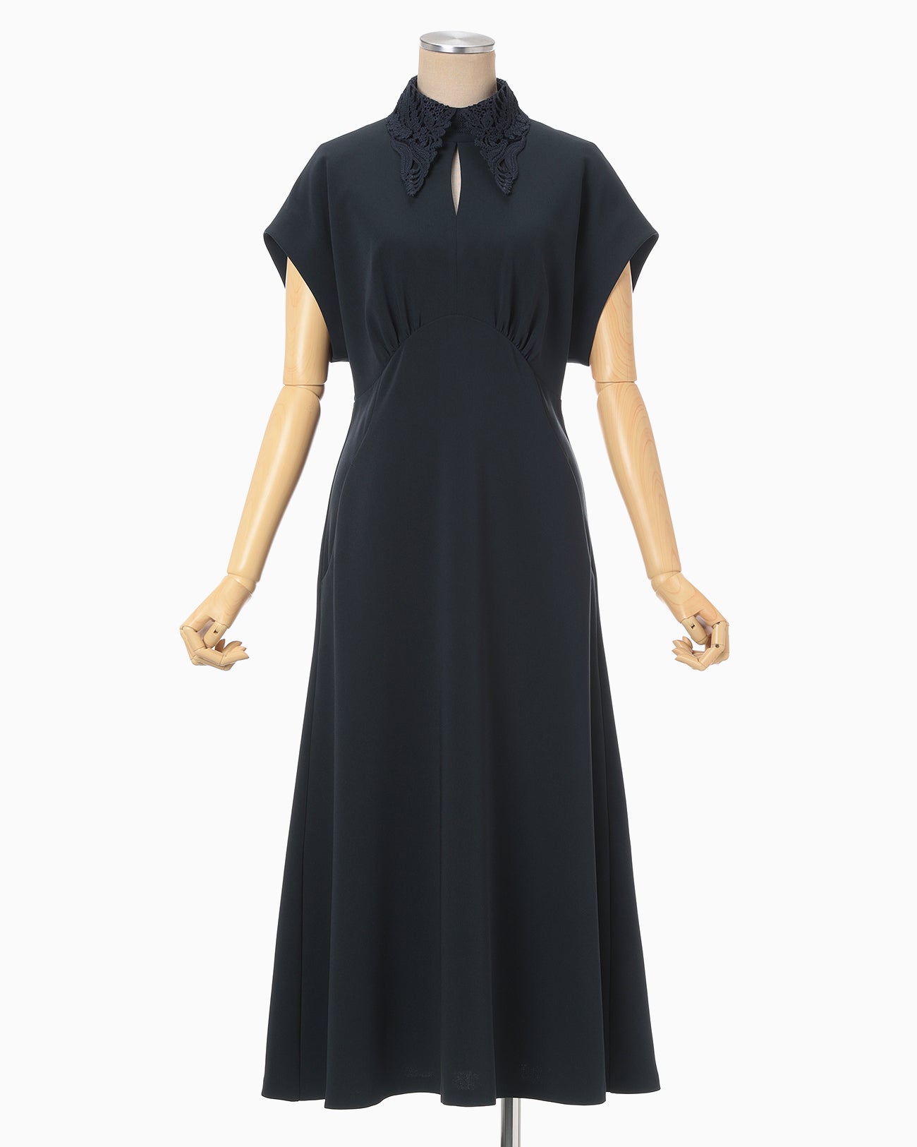 Triacetate Georgette Embroidered Collar Flared Dress - navy - Mame