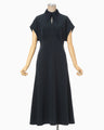 Triacetate Georgette Embroidered Collar Flared Dress - navy