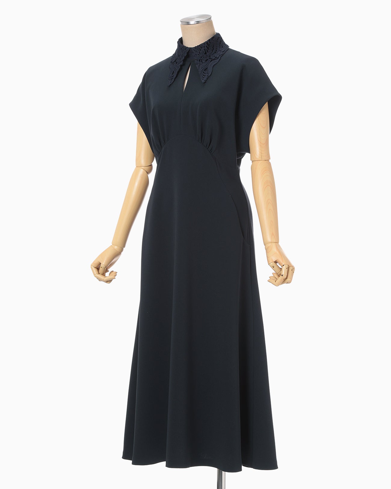 Triacetate Georgette Embroidered Collar Flared Dress - navy - Mame