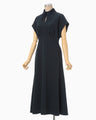 Triacetate Georgette Embroidered Collar Flared Dress - navy