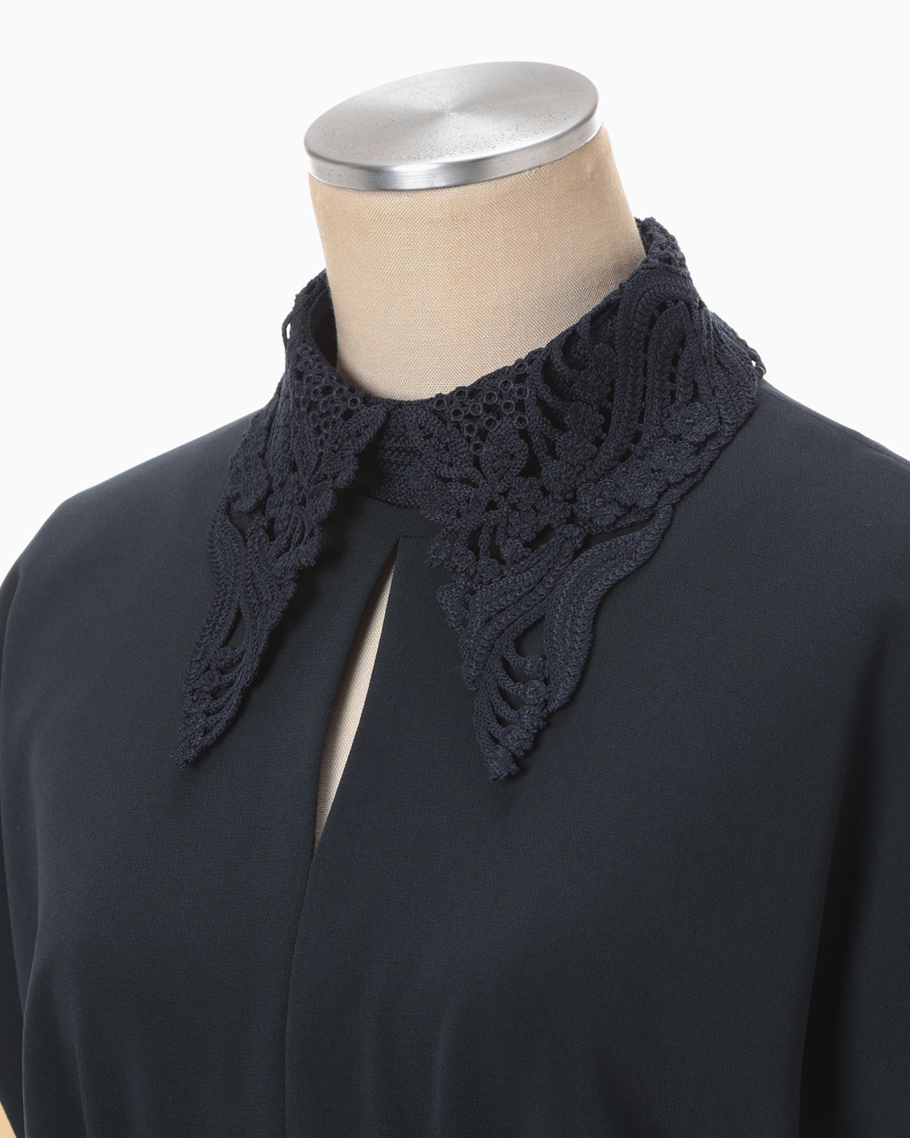 Triacetate Georgette Embroidered Collar Flared Dress - navy - Mame