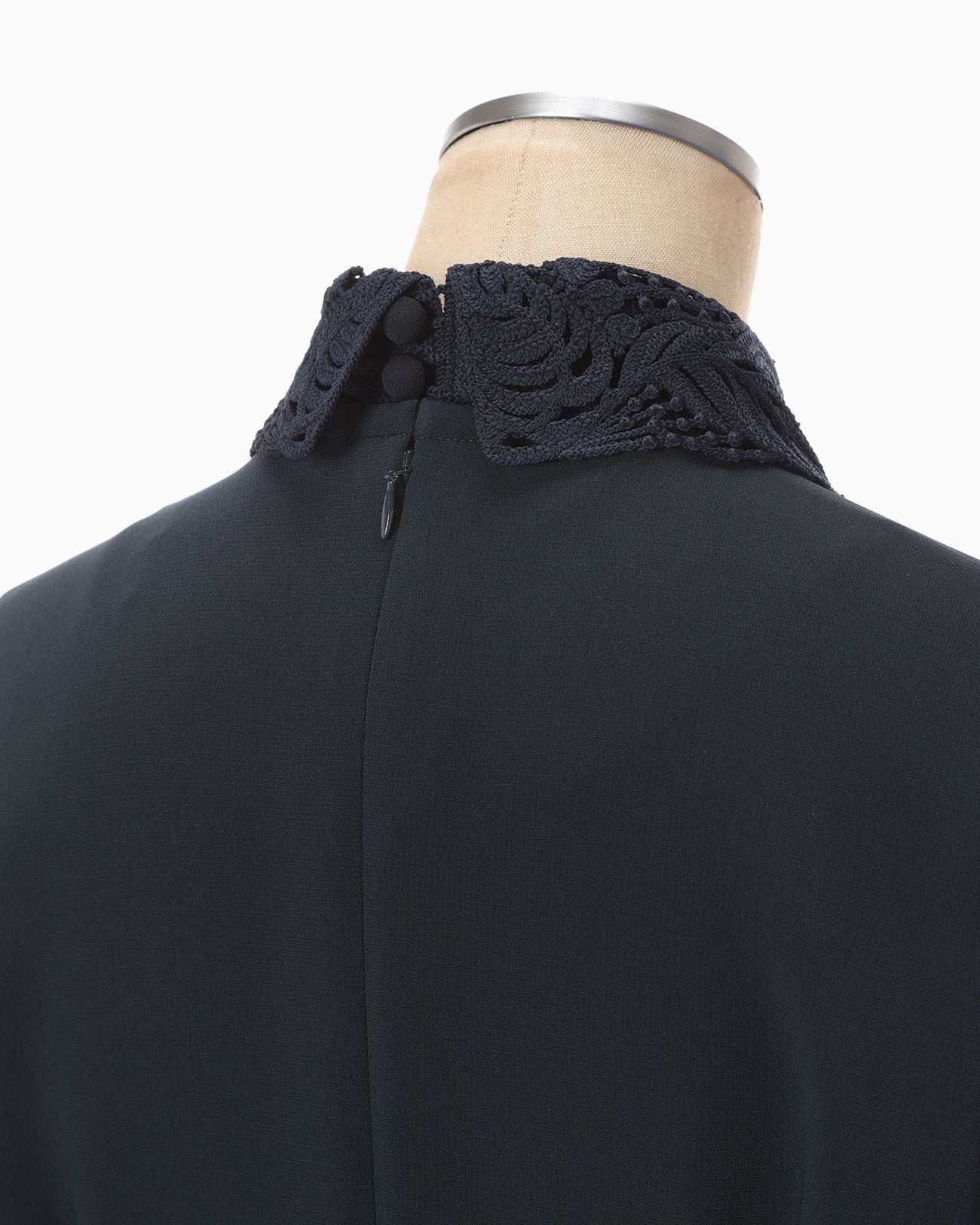 Triacetate Georgette Embroidered Collar Flared Dress - navy - Mame