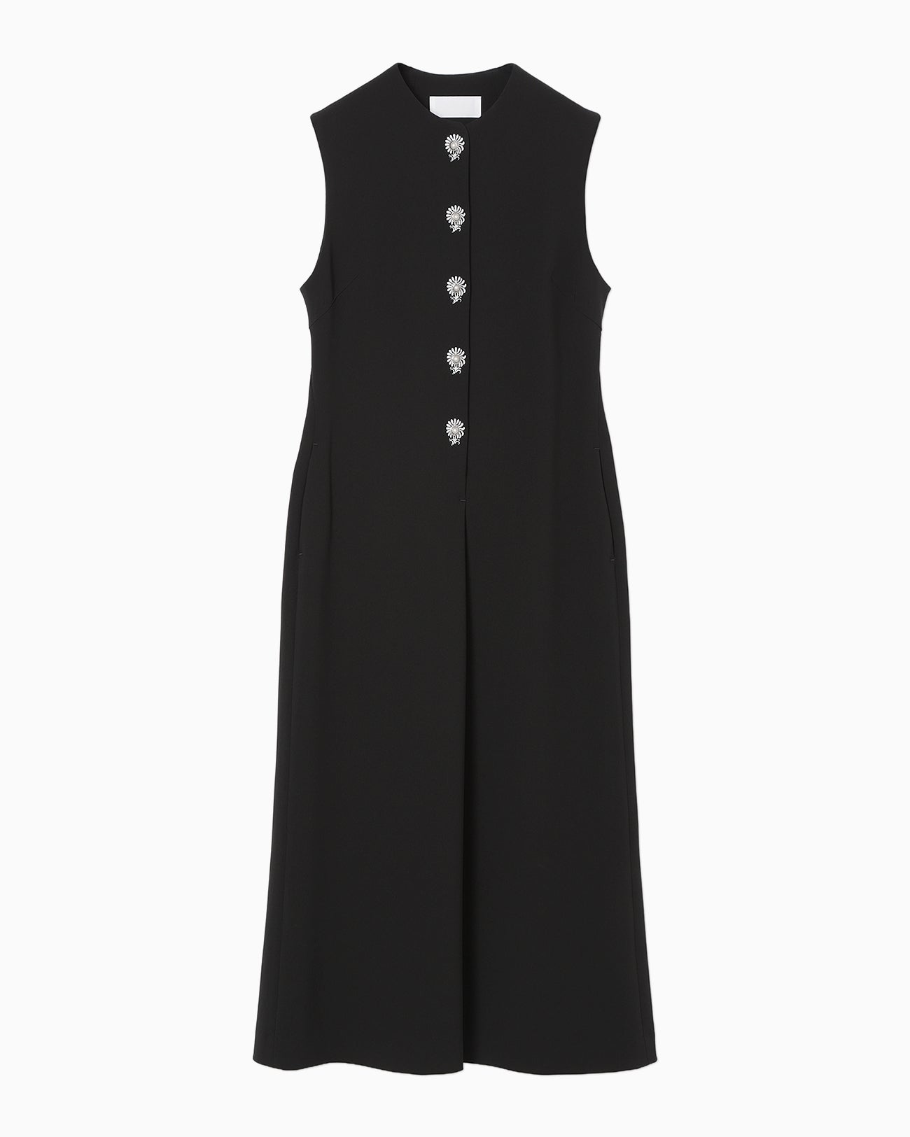 Acetate Polyester Embroidered Buttonholes Sleeveless Dress - black