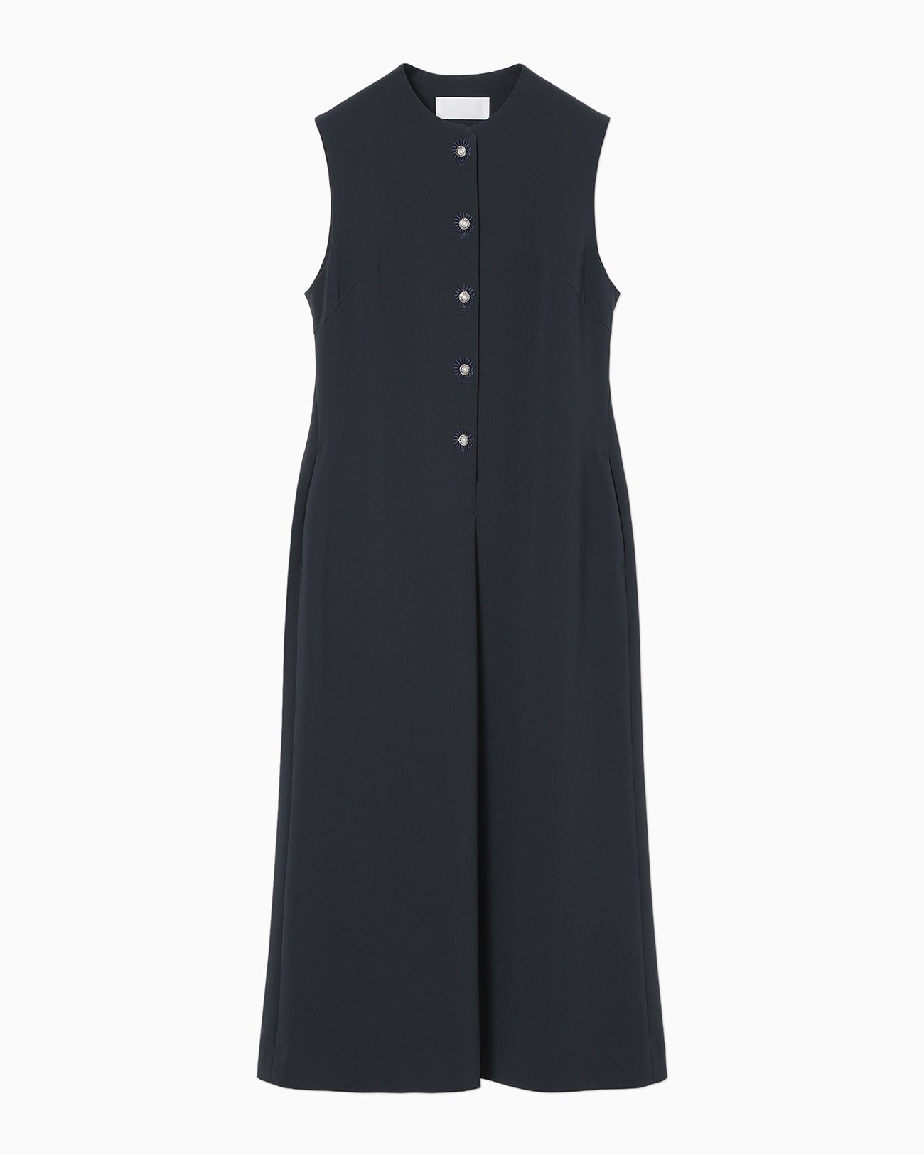 Acetate Polyester Embroidered Buttonholes Sleeveless Dress - navy
