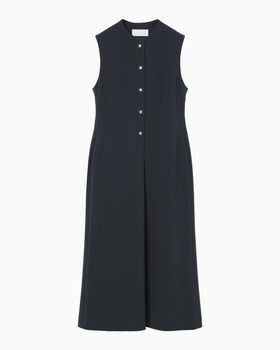 Acetate Polyester Embroidered Buttonholes Sleeveless Dress - navy