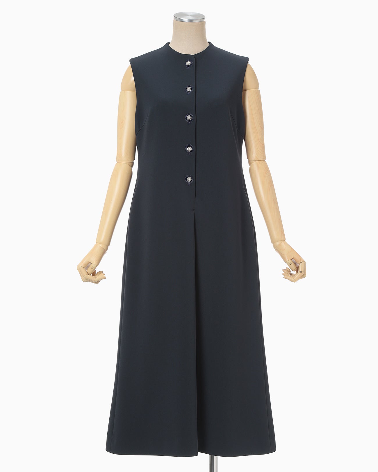 Acetate Polyester Embroidered Buttonholes Sleeveless Dress - navy