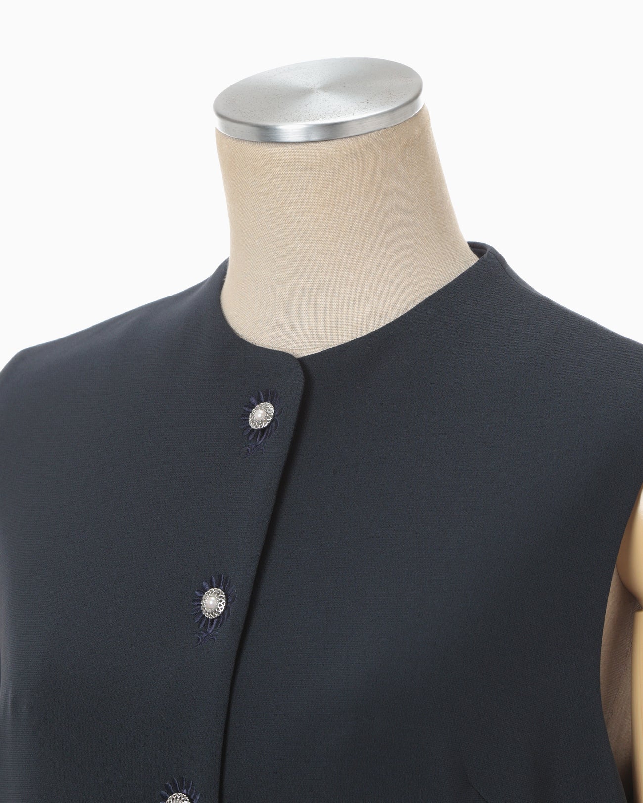 Acetate Polyester Embroidered Buttonholes Sleeveless Dress - navy