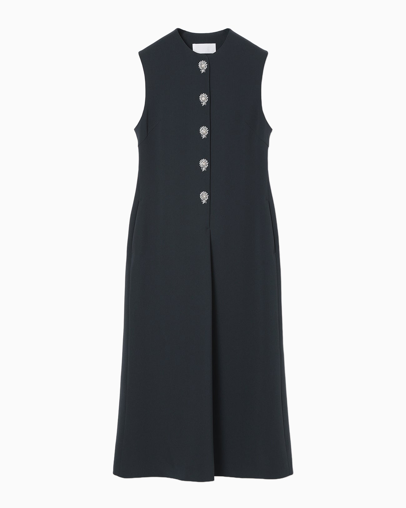 Acetate Polyester Embroidered Buttonholes Sleeveless Dress - navy × white