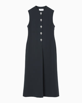 Acetate Polyester Embroidered Buttonholes Sleeveless Dress - navy × white