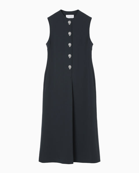 Acetate Polyester Embroidered Buttonholes Sleeveless Dress - navy × white