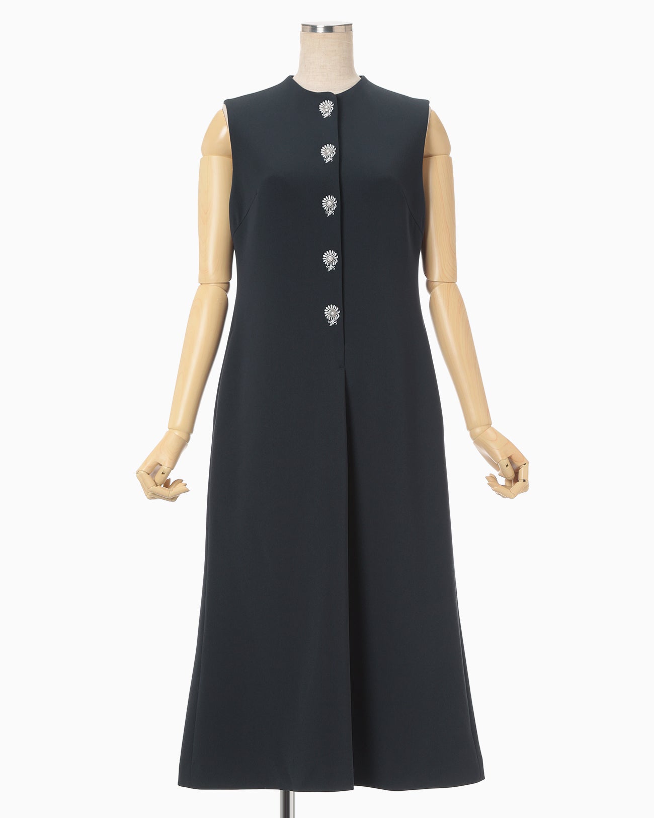 Acetate Polyester Embroidered Buttonholes Sleeveless Dress - navy