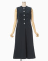 Acetate Polyester Embroidered Buttonholes Sleeveless Dress - navy × white