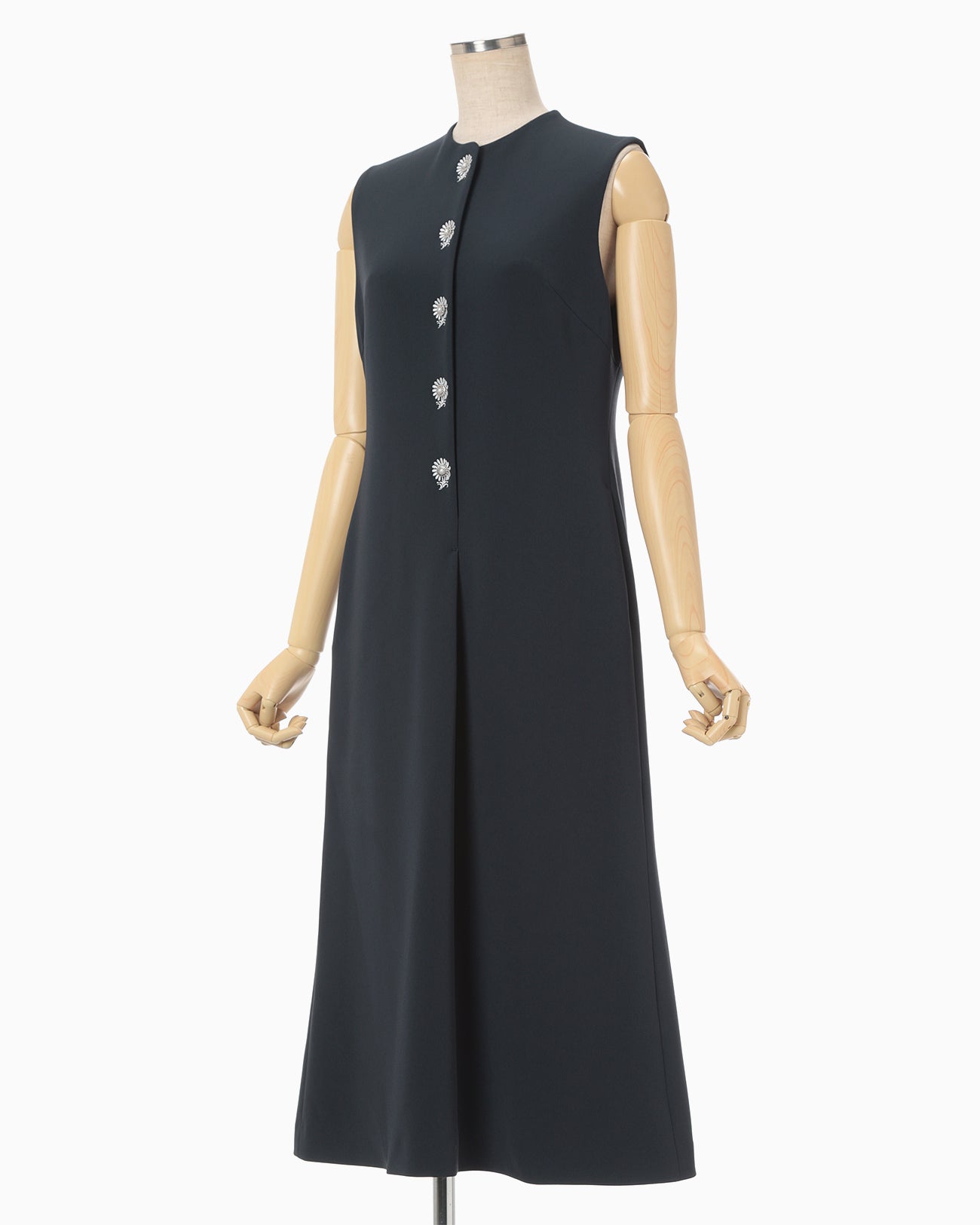 Acetate Polyester Embroidered Buttonholes Sleeveless Dress - navy