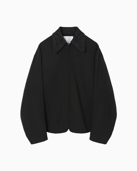 Wool Venetian Embroidery Collar Jacket - black