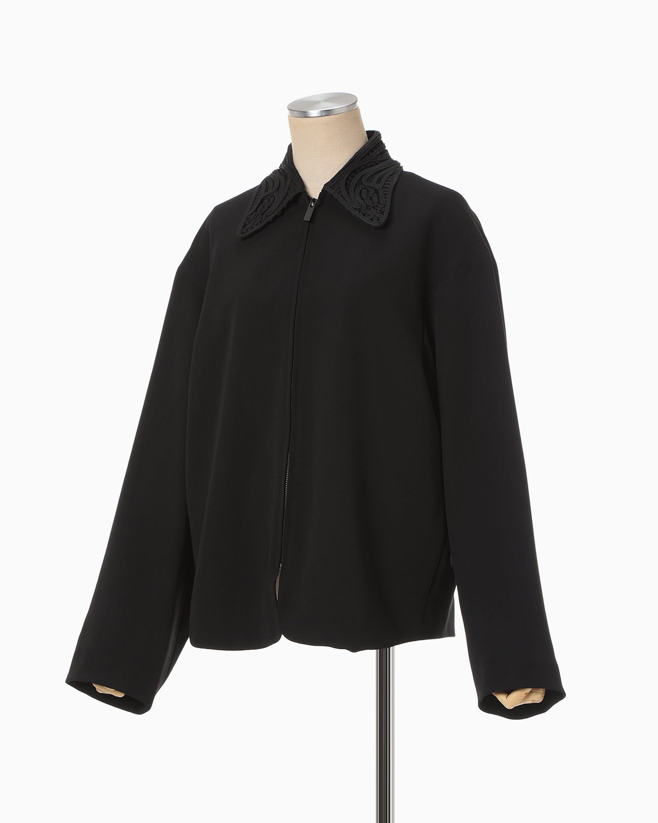 Wool Venetian Embroidery Collar Jacket - black