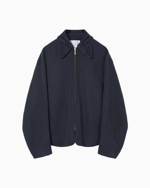 Wool Venetian Embroidery Collar Jacket - navy