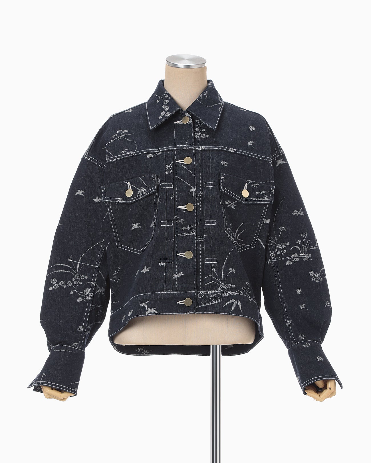 Nature Pattern Jacquard Short Denim Jacket - blue