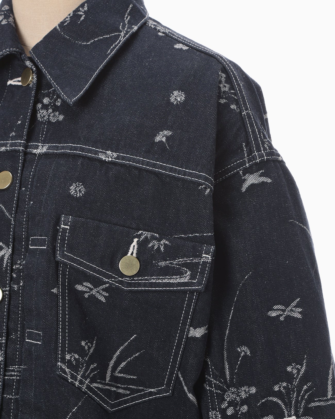 Nature Pattern Jacquard Short Denim Jacket - blue