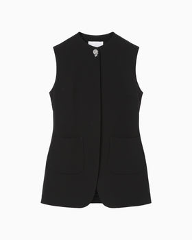 Acetate Polyester Embroidered Buttonholes Vest - black