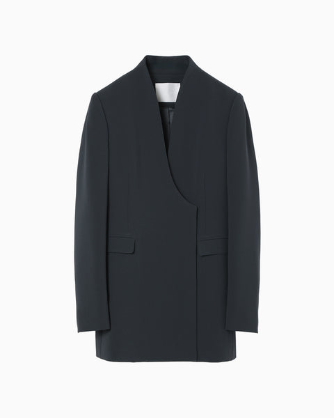 Acetate Polyester Collarless Double Breasted Suit Jacket - navy