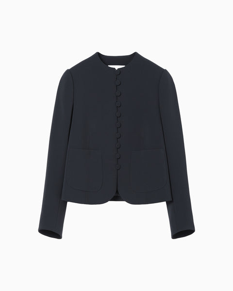 Acetate Polyester Collarless Short Jacket - navy