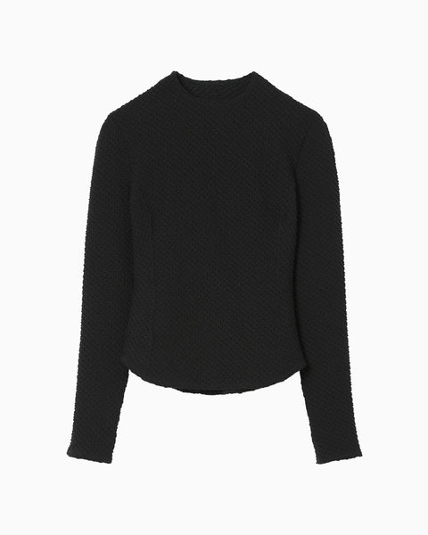 Shirring Jersey Jacquard Long Sleeve Top - black