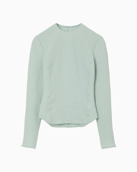 Shirring Jersey Jacquard Long Sleeve Top - light blue