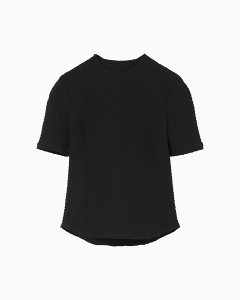 Shirring Jersey Jacquard Short Sleeve Top - black