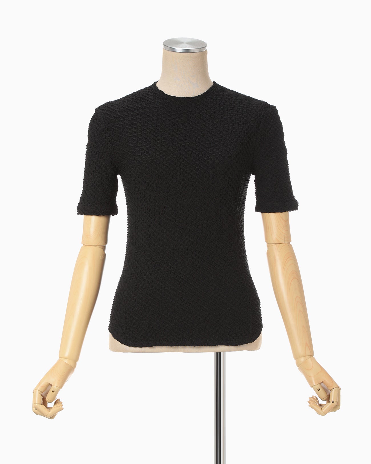 Shirring Jersey Jacquard Short Sleeve Top - black