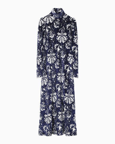 Velour Jersey High Neck Dress - navy
