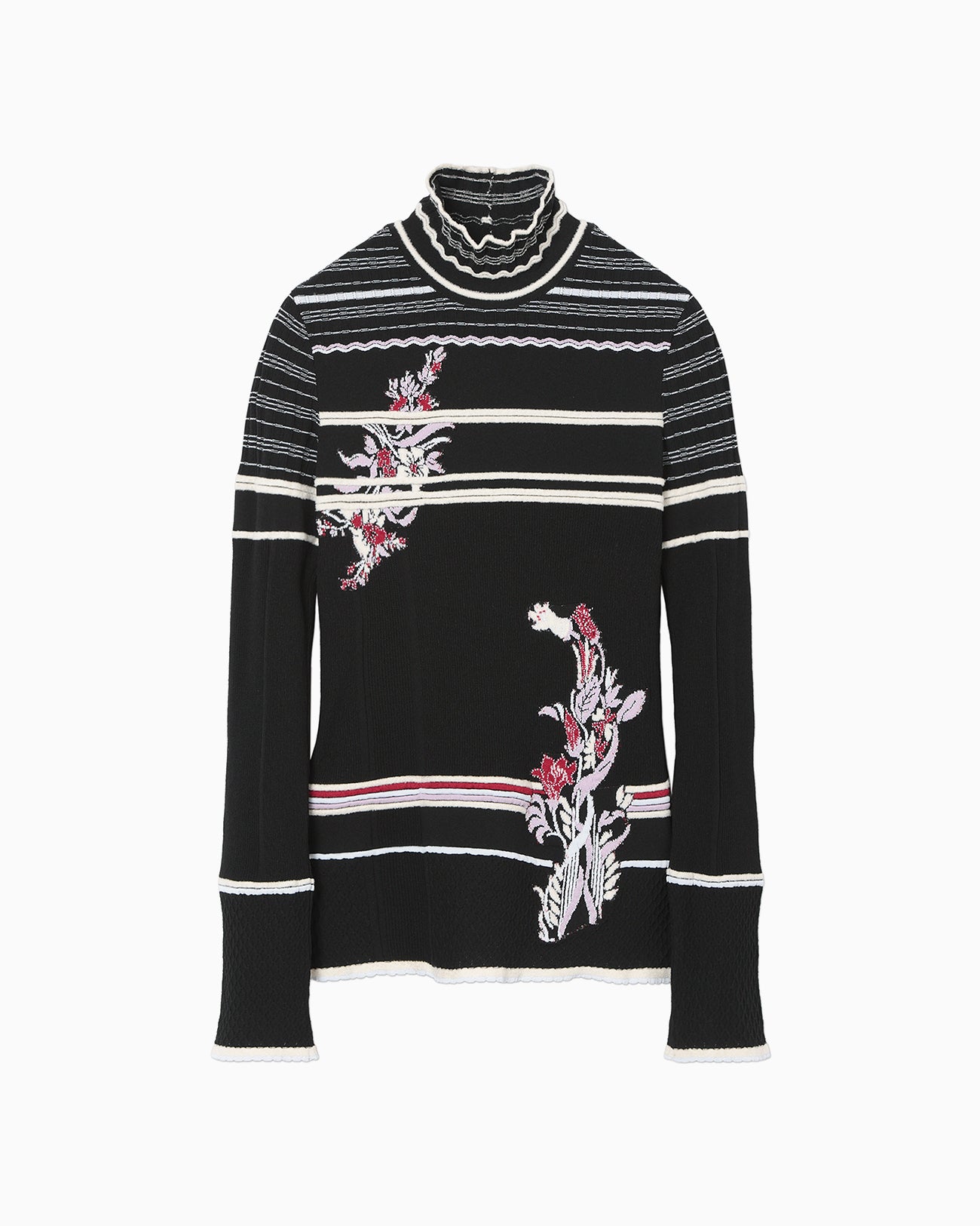 Floral Motif Intarsia Knitted High Neck Top - black