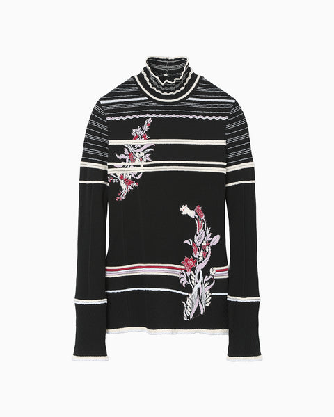 Floral Motif Intarsia Knitted High Neck Top - black