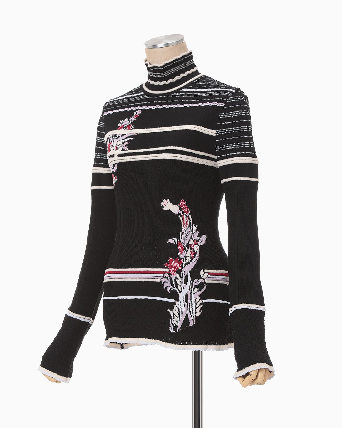 Floral Motif Intarsia Knitted High Neck Top - black