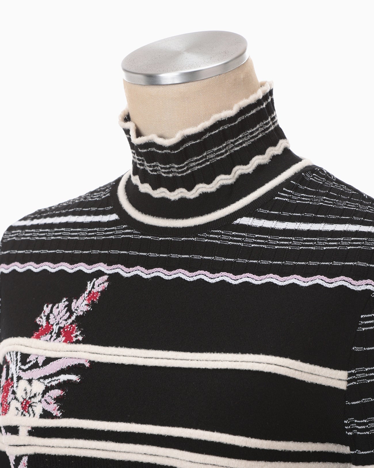 Floral Motif Intarsia Knitted High Neck Top - black