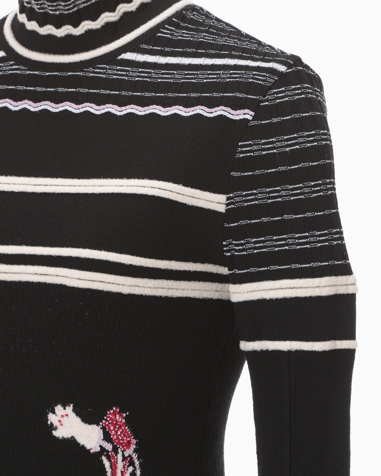Floral Motif Intarsia Knitted High Neck Top - black