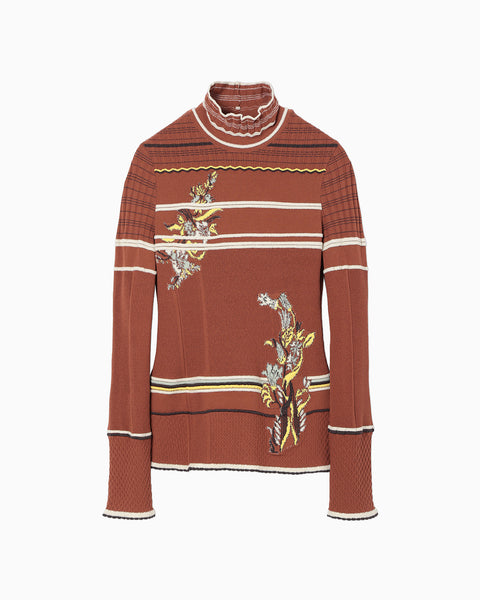 Floral Motif Intarsia Knitted High Neck Top - vermillion