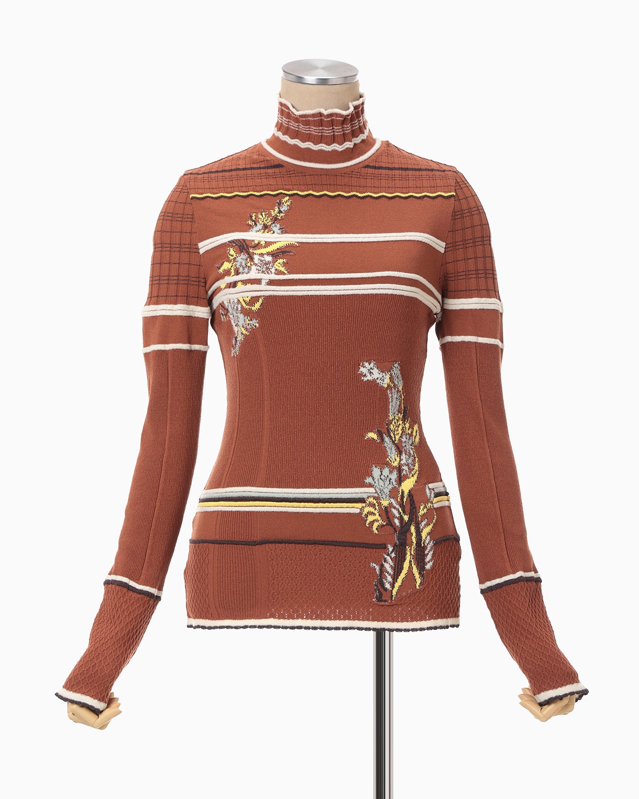 Floral Motif Intarsia Knitted High Neck Top - vermillion