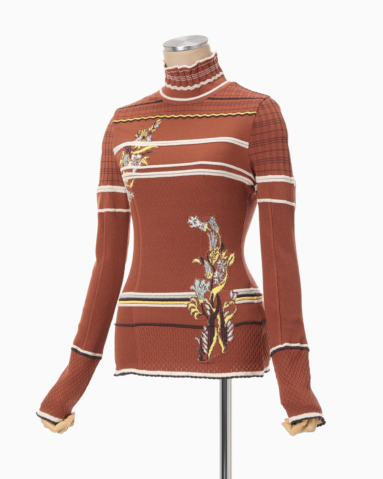 Floral Motif Intarsia Knitted High Neck Top - vermillion