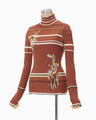 Floral Motif Intarsia Knitted High Neck Top - vermillion