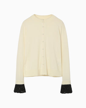 Detachable Embroidery Cuff Knitted Cardigan - ecru