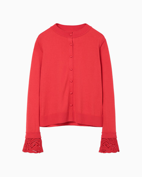Detachable Embroidery Cuff Knitted Cardigan - red