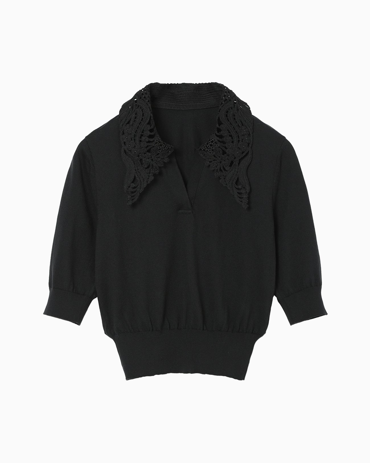 Embroidery Collar Knitted Top - black - Mame Kurogouchi