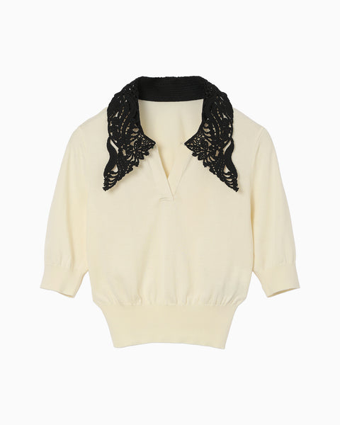 Embroidery Collar Knitted Top - ecru