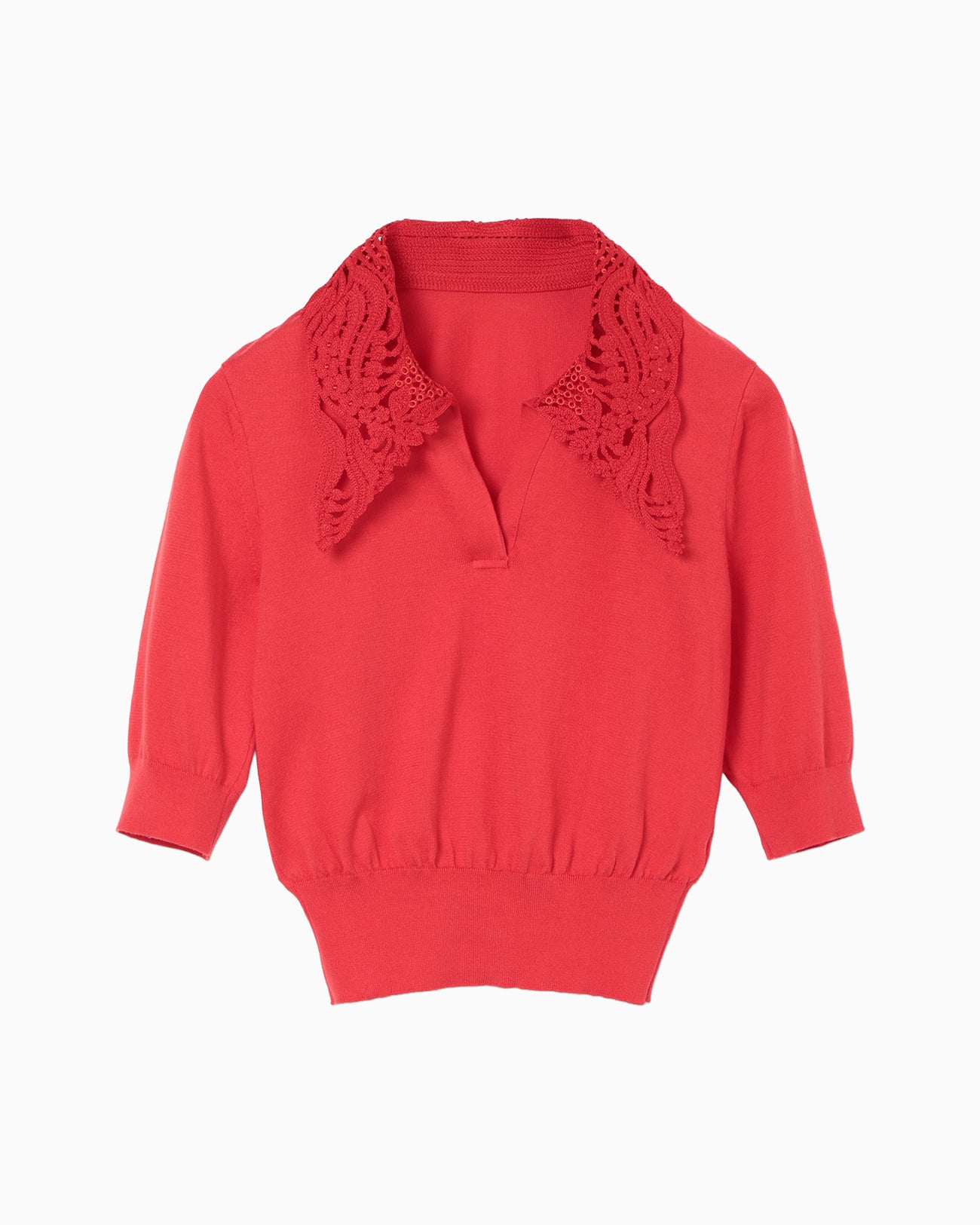 mame kurogouchi 刺繍　赤　トップス Embroidery Collar Knitted Top - red - Mame Kurogouchi