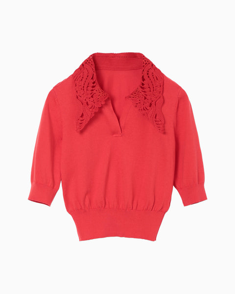 Embroidery Collar Knitted Top - red