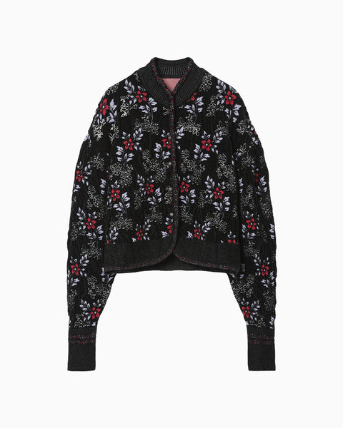 Floral Motif Chenille Knited Cardigan - black