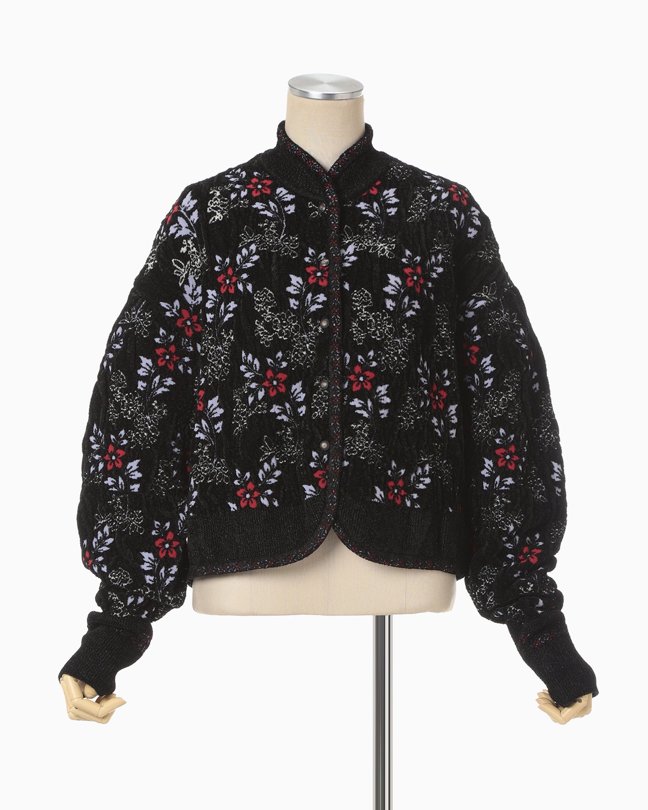 Floral Motif Chenille Knited Cardigan - black